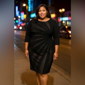Ashley Stewart LBD Black Dress with Gold Accents Size 14-16W 3/4 Sleeve